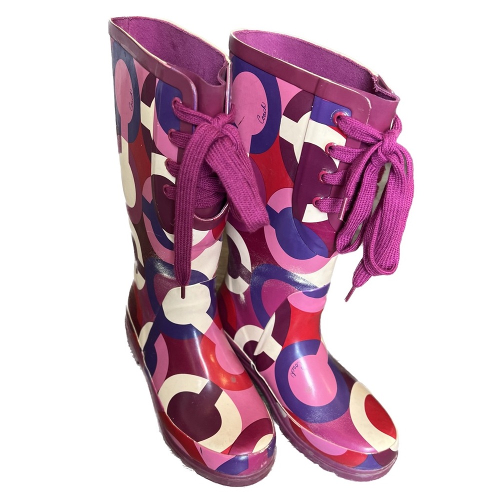 VTG Coach Women's Pink and Purple Multicolored Rain-boots pre-loved sz 8
